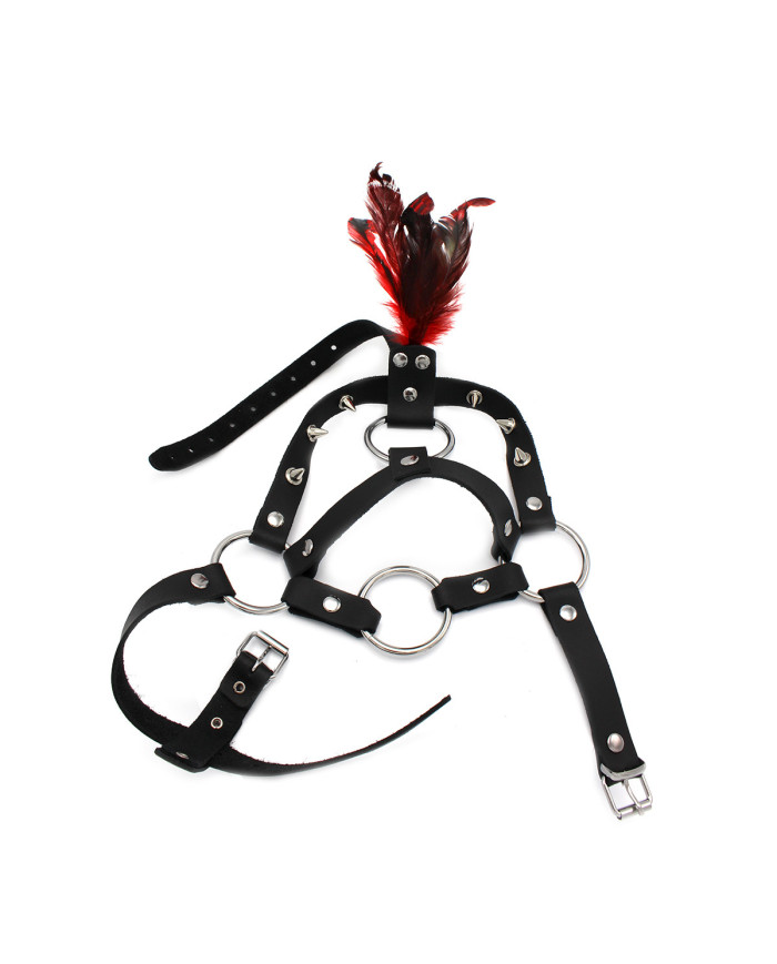 Leather Head Spiked Harness with Feather Leather Head Spiked Harness with Feather