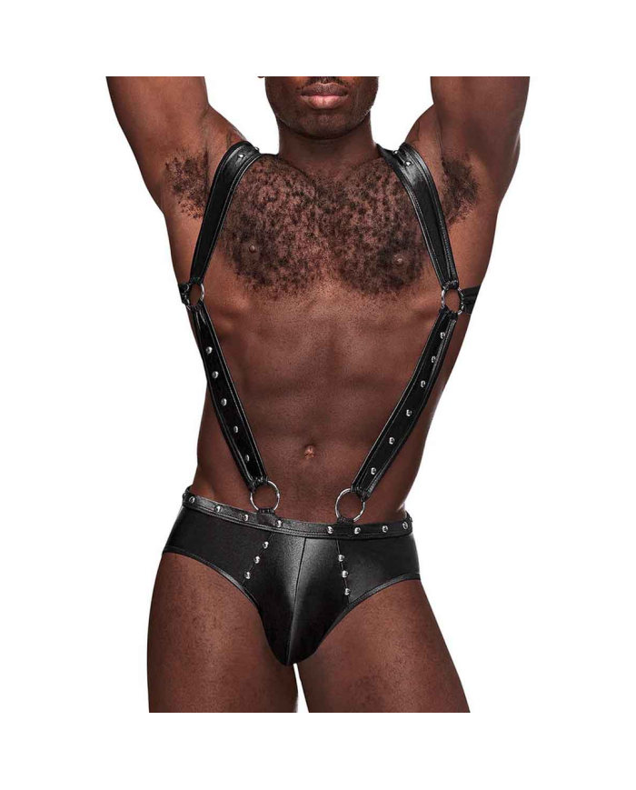 Uranus - Harness Style Open Back Jock Briefs with Suspender Straps - S M - Black