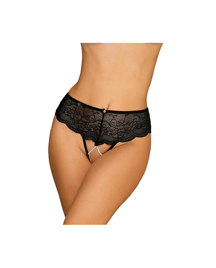 Obsessive - Pearlove Sexy Crotchless Thong with Pearls Black XS S
