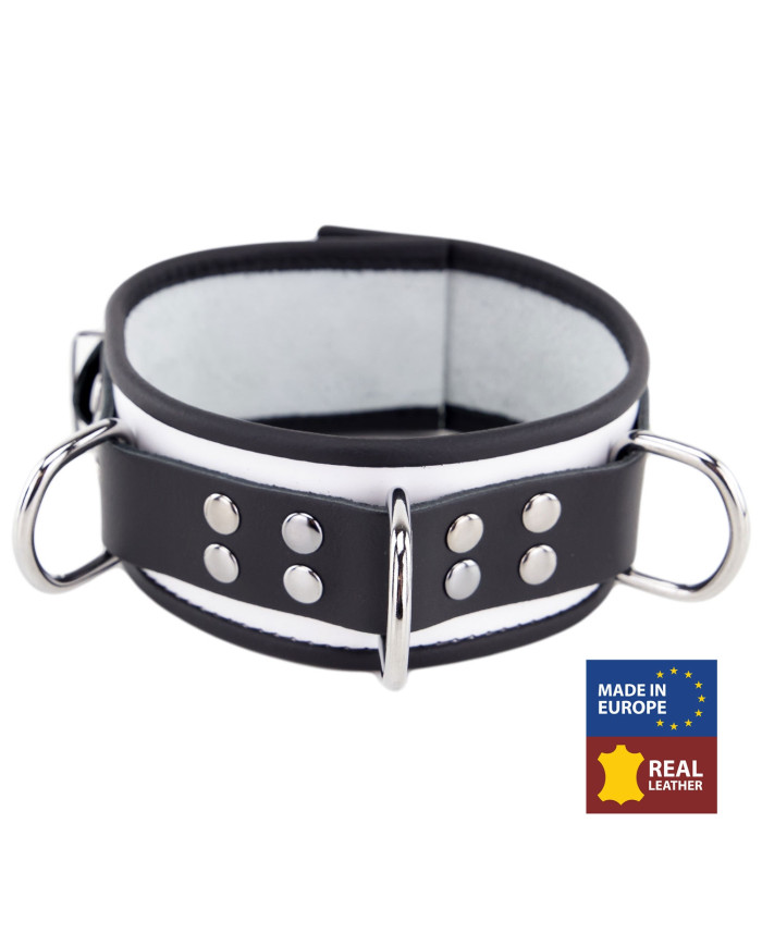 Leather Necklace 3 Rings D White-Black