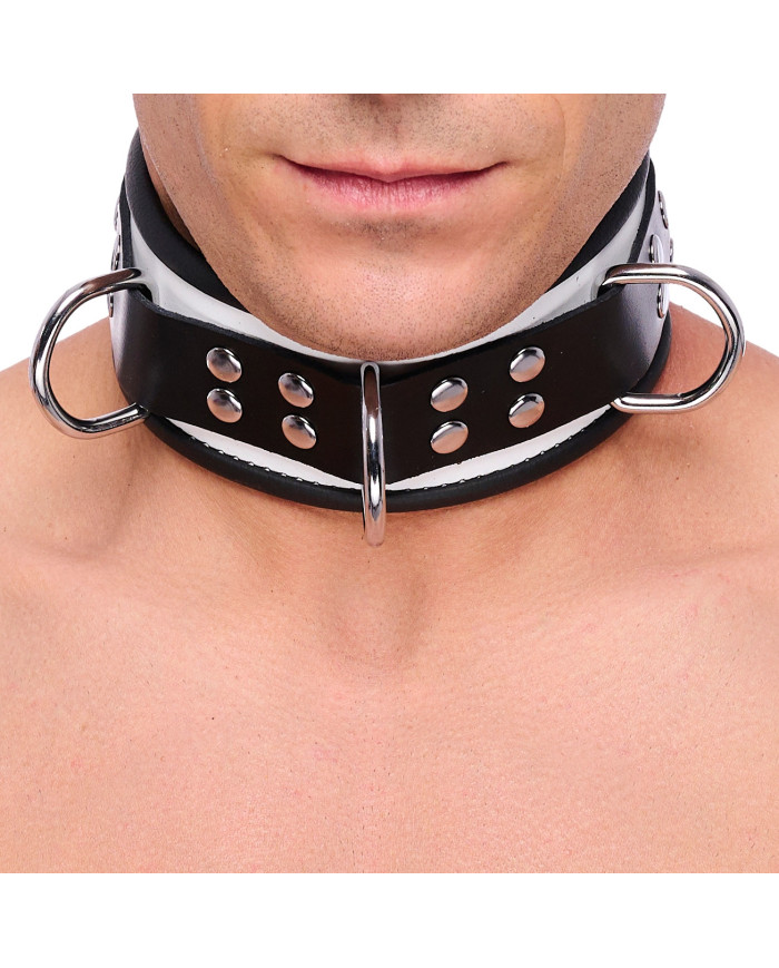 Leather Necklace 3 Rings D White-Black