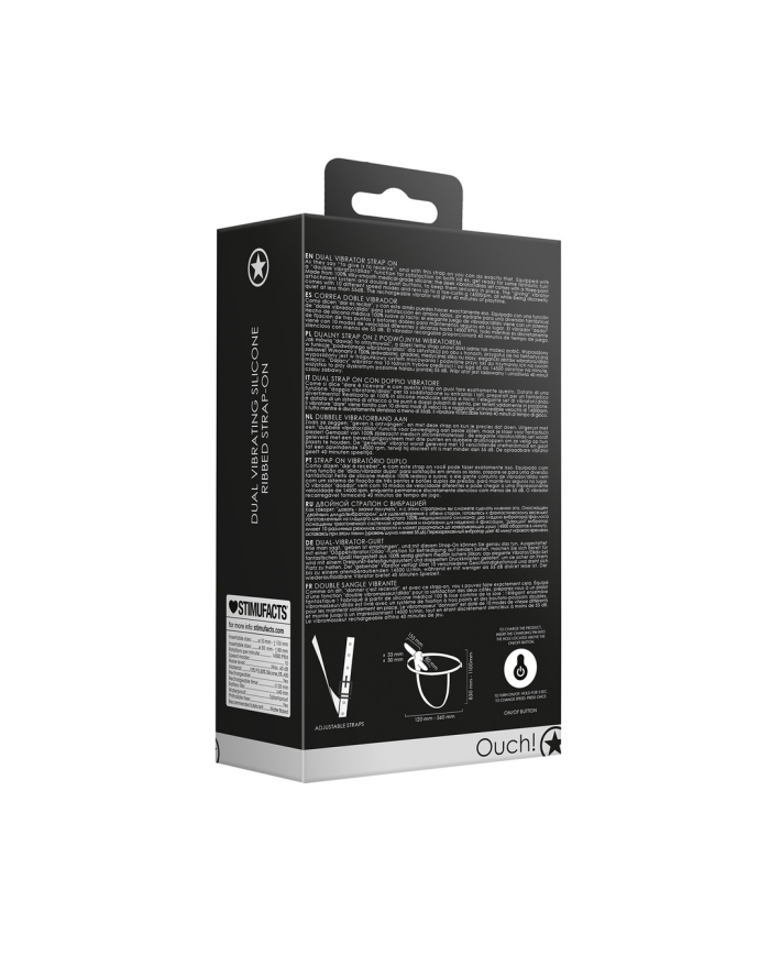 Dual Vibrating - Rechargeable - 10 Speed Silicone Ribbed Strap-On - Adjustable - Black