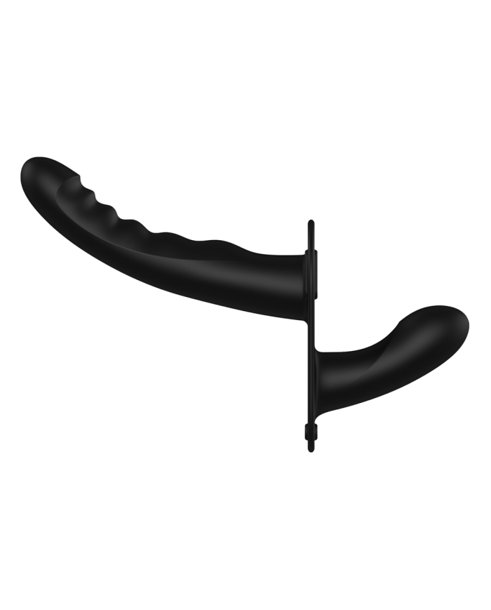 Dual Vibrating - Rechargeable - 10 Speed Silicone Ribbed Strap-On - Adjustable - Black