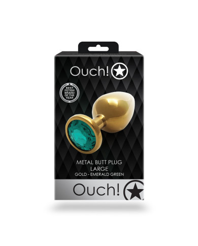 Round Gem Butt Plug - Large - Gold Emerald Green