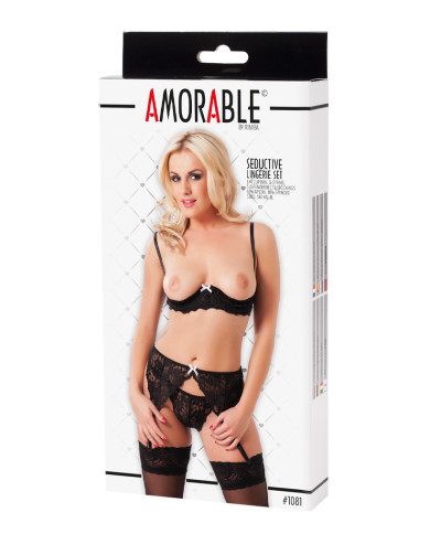 Amorable by Rimba - 1 2 Cup Bra with G-string, Suspenders and Stockings - Black Amorable by Rimba - 1 2 Cup Bra with G-string, Suspenders and Stockings - Black