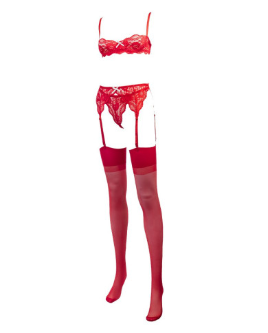 Amorable by Rimba - 1 2 Cup Bra with G-string, Suspenders and Stockings - Red Amorable by Rimba - 1 2 Cup Bra with G-string, Suspenders and Stockings - Red