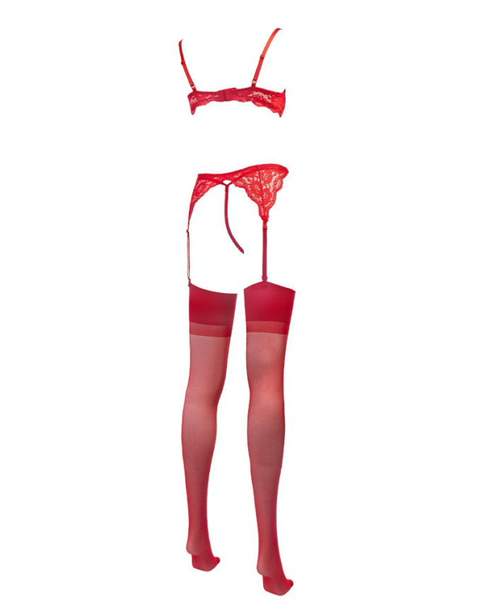 Amorable by Rimba - 1 2 Cup Bra with G-string, Suspenders and Stockings - Red